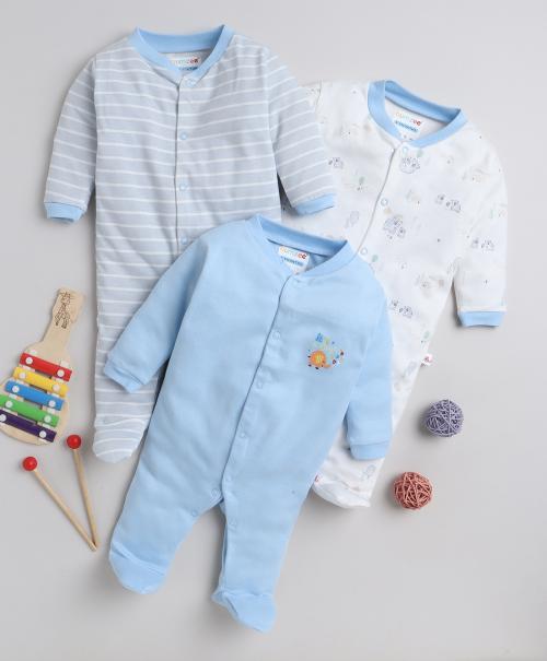 BUMZEE Blue & White Baby Boys Full Sleeves Sleepsuit Pack Of 3
