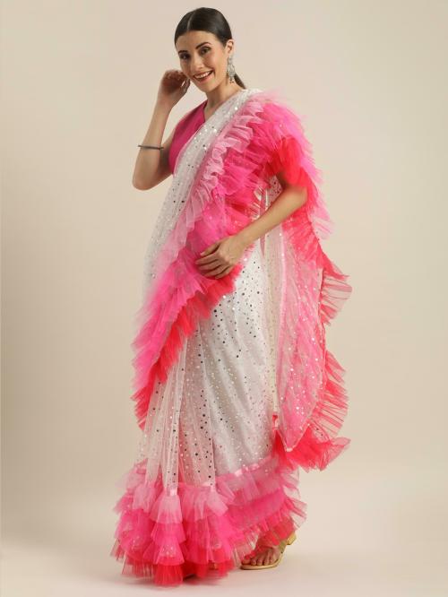 Tikhi Imli White Net Foil Printed Ruffle Saree
