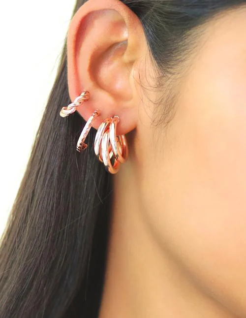 Ayesha Set Of 3 Rose-Gold Toned Mini Twisted, Textured & Chunky Layered Open-Hoop Earrings