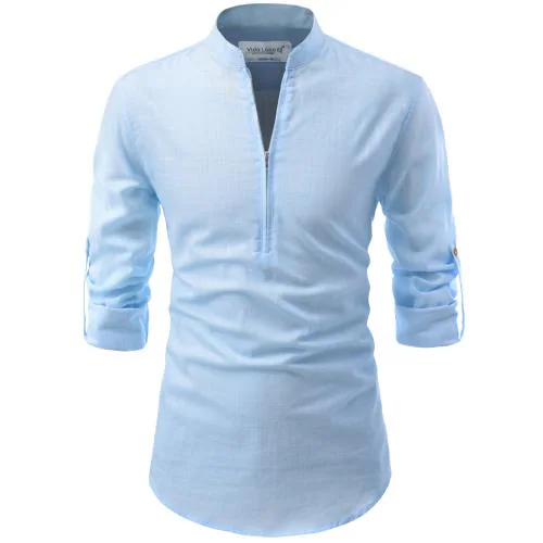 Vida Loca Cotton Sky Blue Color Full Sleeve Casual Mandarin/Chinese Collor Slim Fit Short Kurta For Men and Boys
