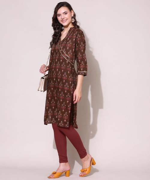 ANUSHIL Women Cotton Cambric V Neck 3/4th Sleeves Printed Kurti with Golden Lace Work(Colour- Brown, Size- S)