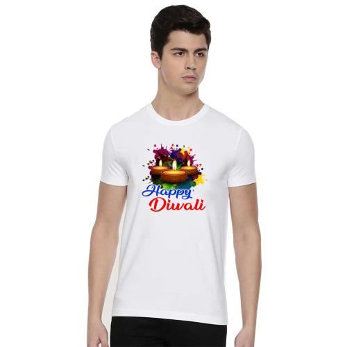 BRATMA Men White Happy Diwali Printed Cotton T-Shirt (M)