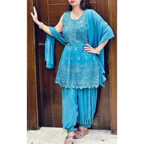 Glatt Afghani frock style salwar suit | Georgette Stylish Women Afghani Frock With Salwar Suit Set for Formal Occasion and Festival Wear | Lite Blue | Size-Free Size