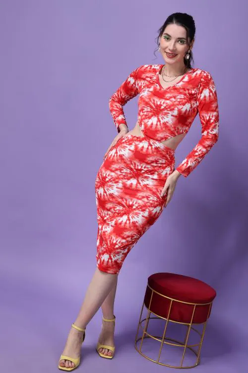 Popwings Women Casual Red Abstract Printed Bodycon Cutout Dress | Women Full Sleeve Dress | Women V Neck Dress | Women Knee Length Dress