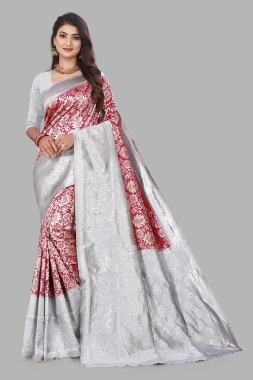 PITHAVADIWALA Women Maroon and White Woven Pure Silk Saree with Unstitched Blouse Piece