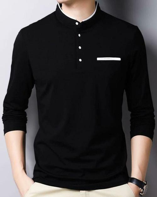 Priyanshu Clothing Men's Henley Neck Full Sleeves Solid Black T-Shirt