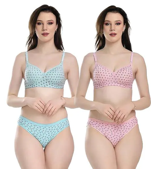 Samvar Women Cotton Bra Panty Set for Lingerie Set ( Pack of 2 ) ( Color : Blue,Pink )