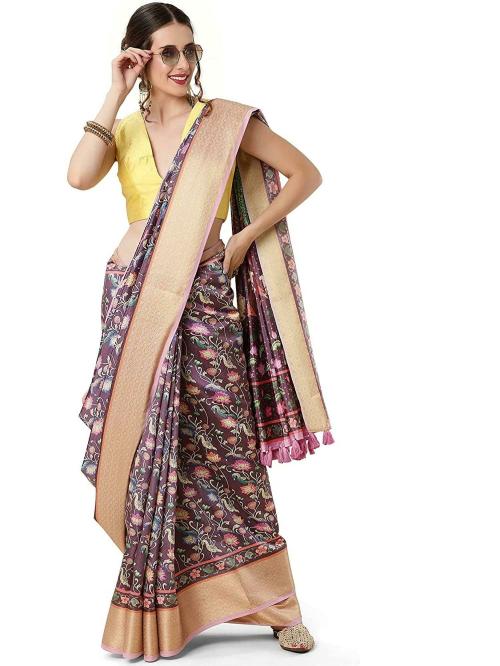 Dungrani Women Wine Kalamkari Art Silk Saree With Unstitched Blouse Piece (Free Size)