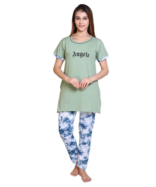 RG Summer Daily Night Wear Cotton Round Neck Printed Half Sleeve Top& Bottom For Women's ( Green Sky )