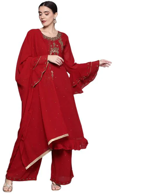 CHHABRA 555 Women Maroon Embellished Poly Georgette Festive Kurta, Plazzo And Dupatta Set