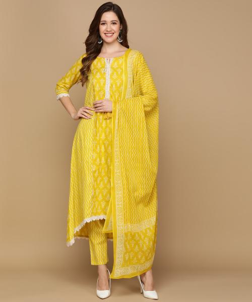 PRINTED COTTON SHIFFLI LACE DESIGN KURTA WITH PANT AND DUPPTTA