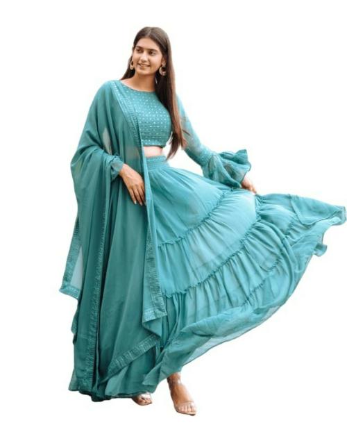 ROZLAND Women Green Georgette Embroidered Readymade Flared Lehenga Choli with Dupatta, XXXL (Pack of 1)