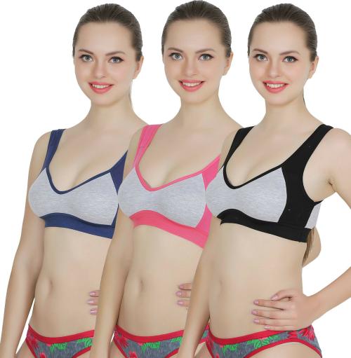 Yana Women Multicolor Cotton Blend Pack Of 3 Sports Non Padded Bra (28)