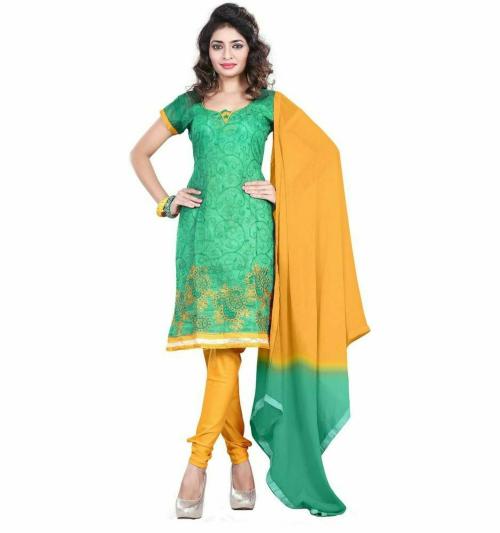 JHEENU Vardhman Synthetics Women Green Embroidered Chanderi Unstiched Salwar Suit Material