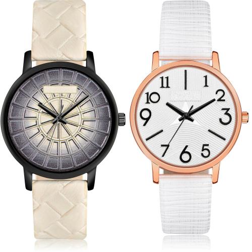 NEUTRON Best Branded Geometric Texture And Embossed Designer Dial White Colour Analog Genuine Leather Belt 2 Watch Combo For Women And Girls - GM508-GM347