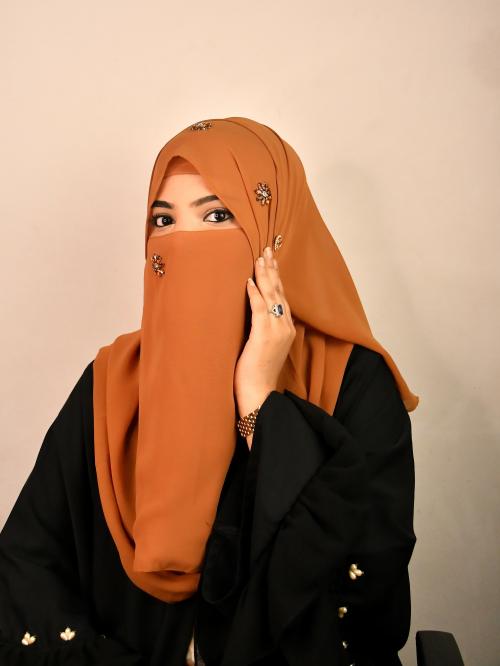 WRAP MY HIJAB Orange Luxury Bridal Wedding Wear Hijab Scarf With Stonework