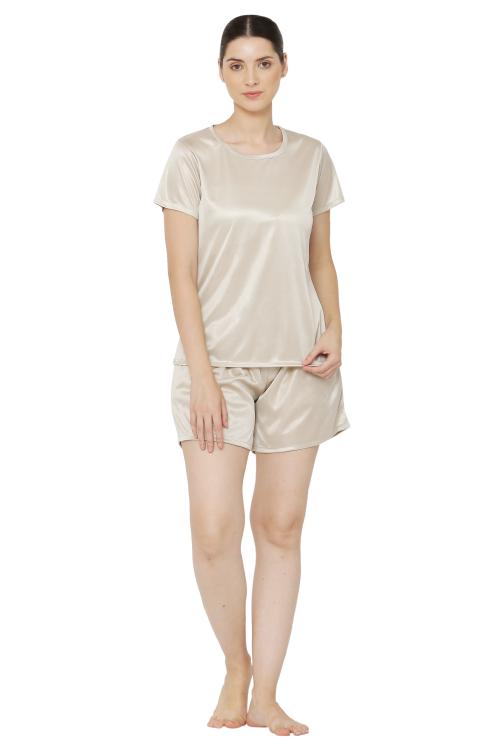 USA Fantasy Women's Beige Satin Lycre Solid Nightsuit