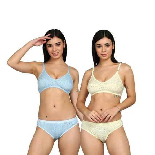 SHEBAE Cotton Lingeries Bras Panties Sets for Women & Girls Magic Dots Bras Panties Set Innerwear Everyday Underwear Set Daily Use. Blue & Yellow (Pack of 2)