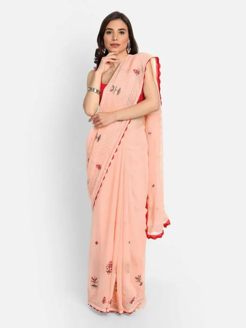 sadika women's bollywood fashion peach floral embroidery cotton thread work georgette saree