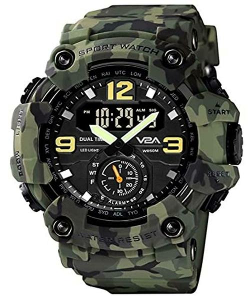 V2A Army Camouflage 50M Waterproof Analog Digital Sport Watch for Men with 3 Time Function