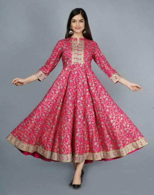 Sa Rasa Women Pink and Gold Printed Viscose Rayon Anarkali Kurta