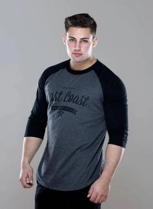Hot Button Raglan Pattern Round Neck Slim Fit Full Sleeves Casual T Shirt for Men Black & Grey Size XL