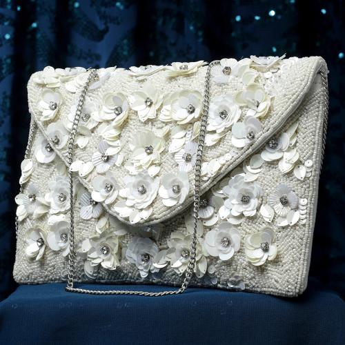 Anekaant Ghoomar Off White Floral Embellished Cotton Canvas Sling Bag