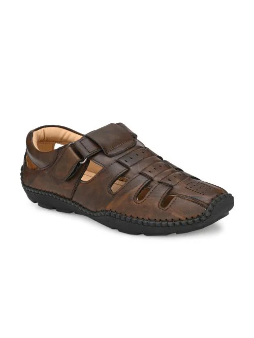 SHENCES Men's Brown Synthetic Leather Roman Sandals