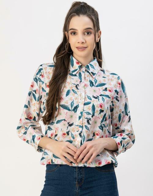 Moomaya Long Sleeves Cuff Spread Collar Regular Printed Cotton Women's Shirt