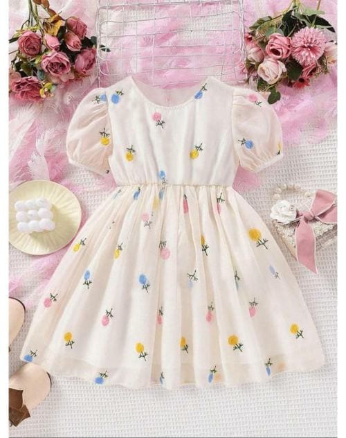 Tior Young Girl Floral Embroidery Mesh Short Bubble Sleeve Dress| Dresses | Kids Wear | Girls Dress | Kids Dress | Frock | Frock Girls | Girls Frock | Dresses For Girls | Kids Girl Dress | Frock For Girls | Dress For Girls | Kids Wear Girls