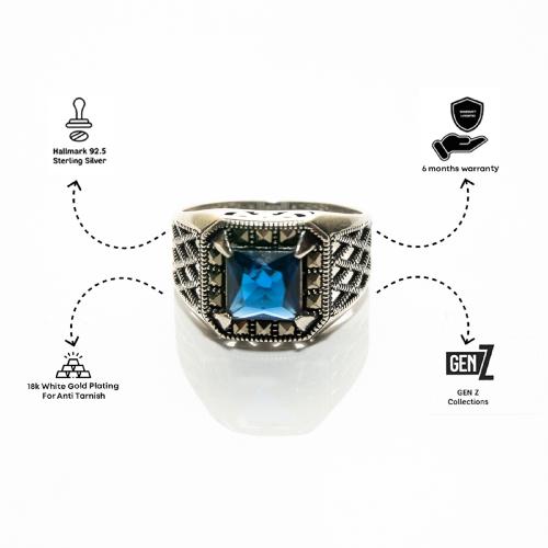 Versavia Stylish 1.925 Sterling Net Blue Stone Silver Ring | Anti Tarnish 2.18k White Gold Plating Ring | Perfetc Gift For Man