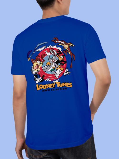 BLISSINK Looney Tunes Front And Back Printed Blue Cotton Tshirt for Men