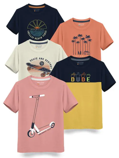 HELLCAT Pink , Yellow , Beige , Orange , Navy Trendy Graphic Printed Typographic Cotton Blend Crew Neck / Round Neck Half Sleeve T-shirt for Boys