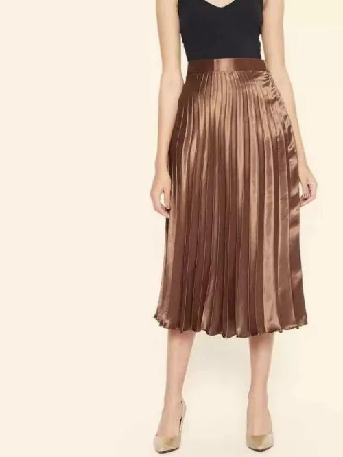 PHKMALL Women Pleated Brown Skirt