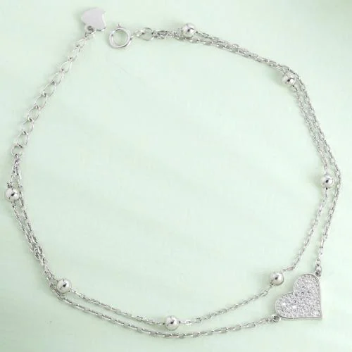 DEESSA Sterling Silver Heart Multi-layer Bracelet - Silver Color with White Cubic Zirconia, 925 Sterling Silver, Nickel-Free, Rhodium Plated - Ideal Gift for Special Occasions