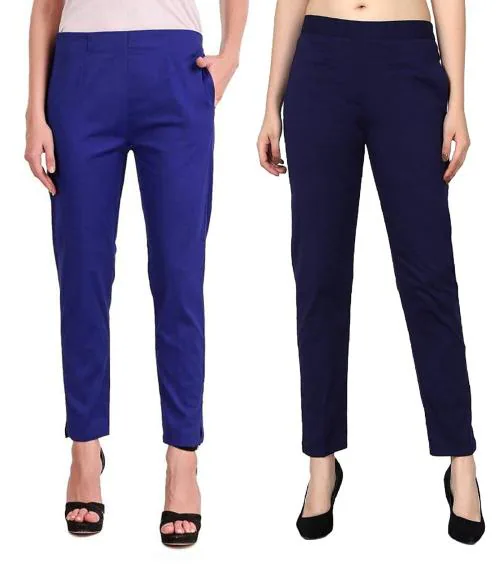 SriSaras Women Royel and Navy Blue Cotton Straight Fit Trousers - M (pack of 2)