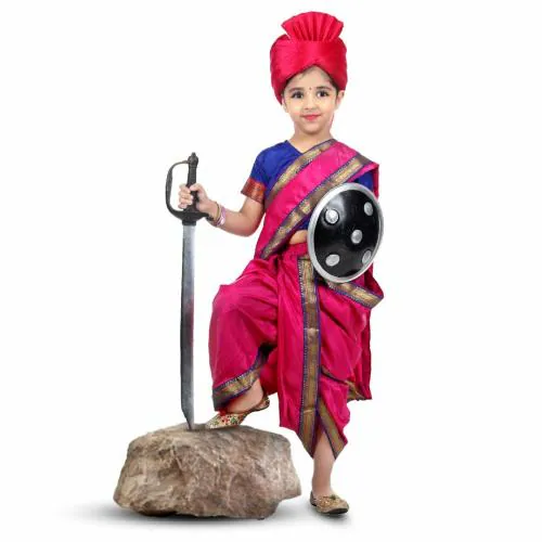 ITSMYCOSTUME Marathi Dress for Girls Traditional Folk Dance Costume for Kids- Magenta & Blue