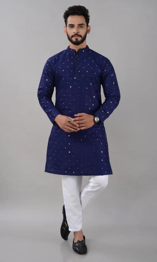 Villain Premium Embellished Work Kurta For Men - Navy Blue