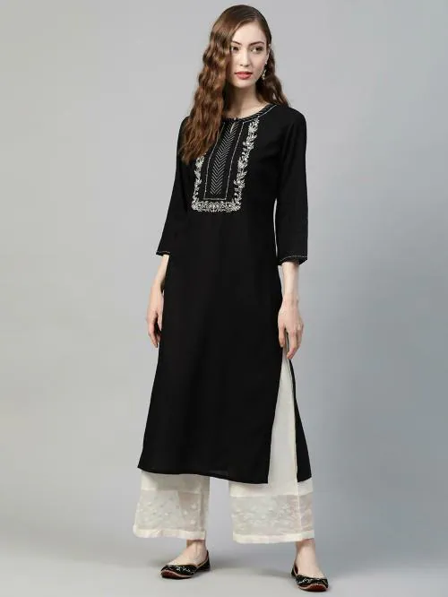 Piroh Womens Embroidered Straight Kurta (Black) | kurta| kurta women| kurta for women| kurtas