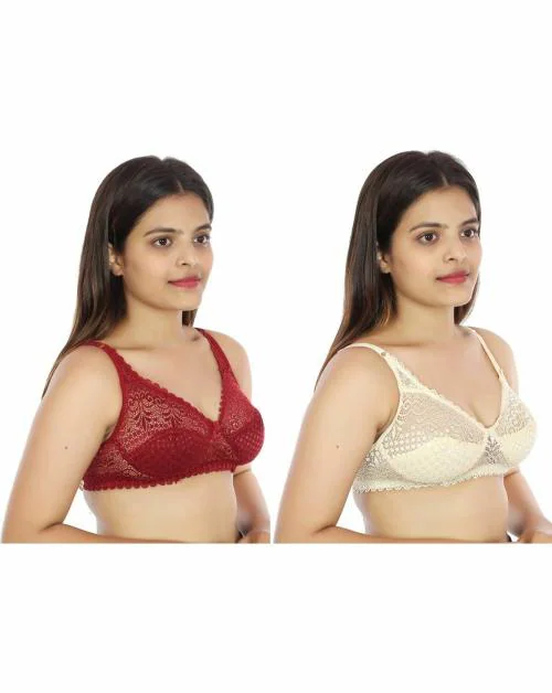 KARMUN Beige and Maroon Lace Net Non Padded Full Coverage Bra - 36 (Pack of 2)