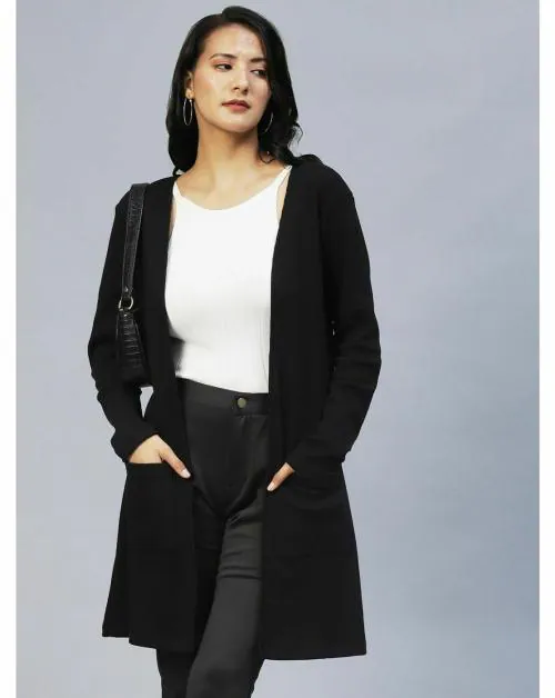 Rigo Women Black Front Open Waffle Knit Long Shrug