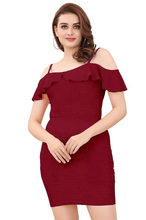 UNIKKART Shopping Women’s Polyester Stylish Western Dresses Latest Dresses for Women- Maroon- XL