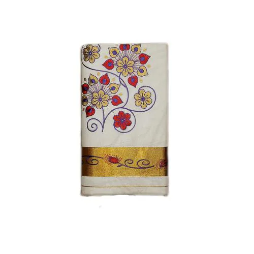 Peerless Wear Kerala Cotton Kasavu Saree /Off white/Running Blouse/Flower Embroidery