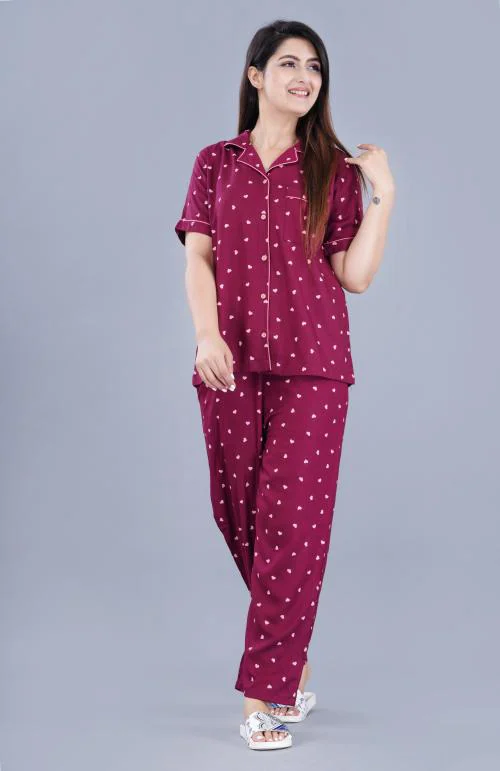 Mintmarie Women's Printed Rayon Maroon Nightsuit Shirt & Pyjama Set-S