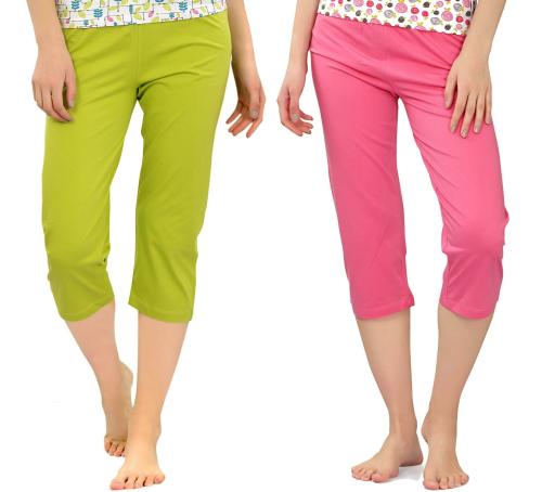 ZEBU Women Pink & Green Abstract 100% Cotton Pack of 2 Capris