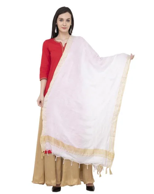 A R Silk Golden Border Regular Dupatta Color White Dupatta/Chunni