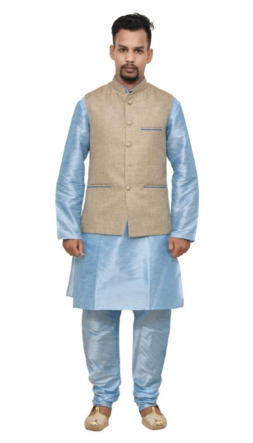 Mag Men's Sky Blue Matching Silk Kurta Churidhar With Coffee Colour Joot Waistcoat
