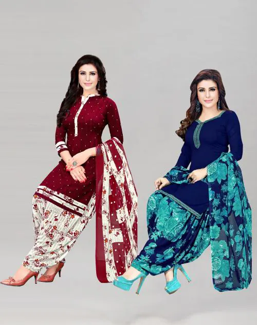 Siril Women'S Crepe Fabric Maroon & Navy Blue Colour Unstitched Combo Printed Salwar Suit Dress Material