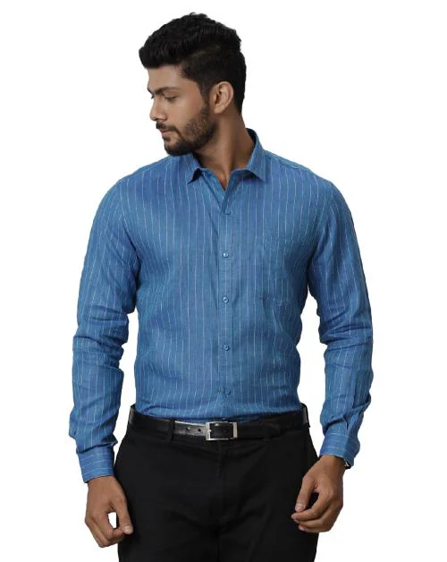 Ramraj Cotton Men blue Color Full Sleeves Striped Linen Shirt