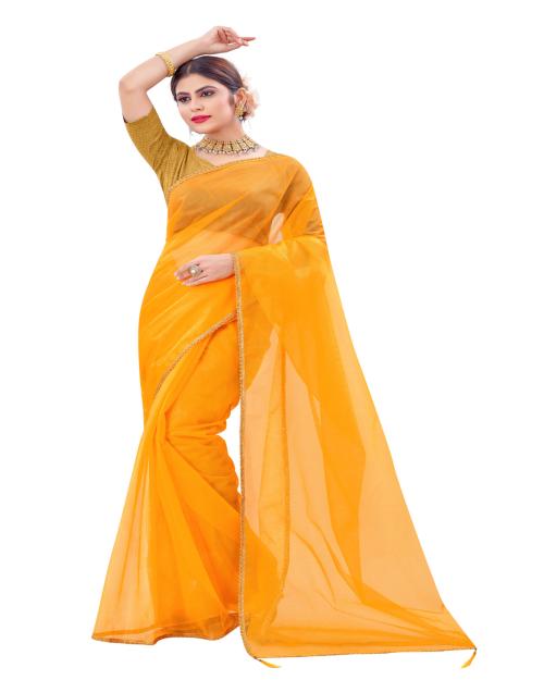 BYUPRI Silicon Net Yellow Lace Saree with Blouse
